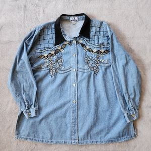 Club Z Denim 80's Retro Embroidered Gold Tone Beads Black Corduroy Collar Jacket